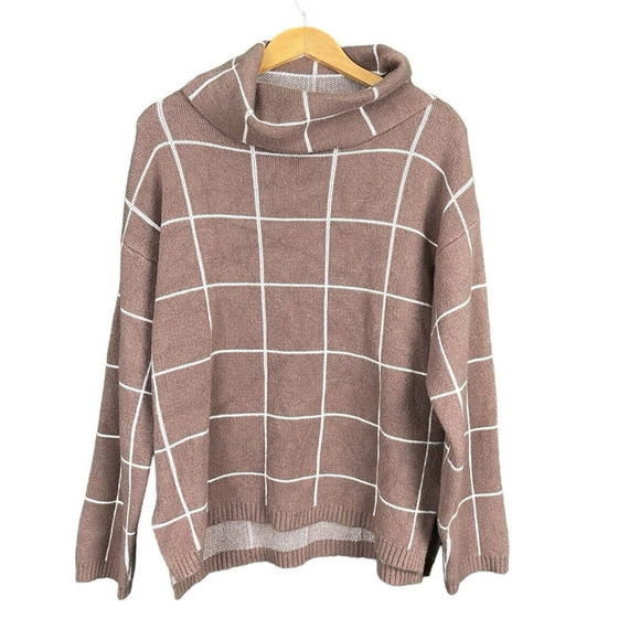 Kirundo Sweater Women XL Caramel Brown Window Pane Check Cowl Neck Soft Knit - Picture 1 of 10